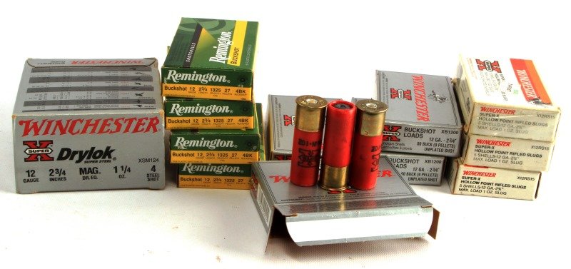 WINCHESTER & REM 12 GA AMMUNITION AMMO 80 COUNT: 80 count mixed 12 gauge shotgun ammo lot. Includes Super X Drylok 1 1/4 oz, Super X Buckshot Loads and Rifled Slugs - Hollow point 2 3/4 length, and Remington 2 3/4 length 4BK Buckshot. Good boxed con