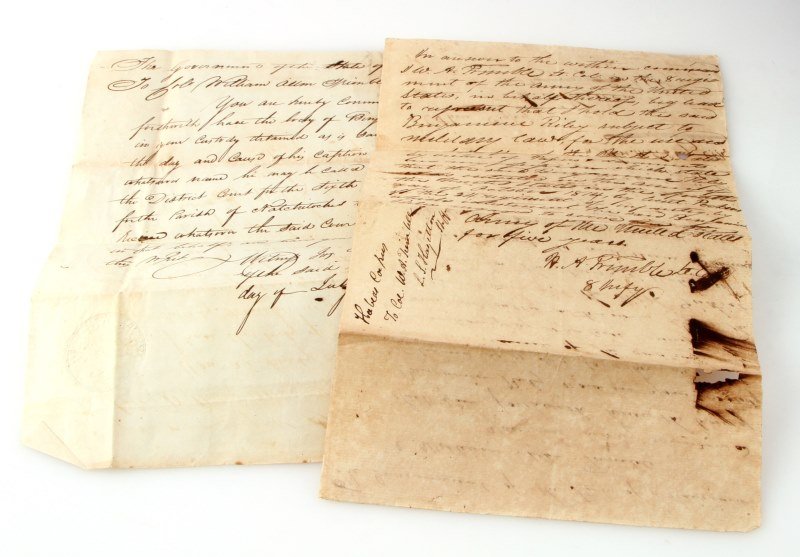 1817 LOUISIANA MILITARY DOCUMENT TO HOLD PRISONER: Col. W.A. Trimble is commanded by the Government of Louisiana to detain Benjamin Riley in the Parish Natchitoches. Col. Trimble responds on the reverse that he has Riley and explains he enlisted for a