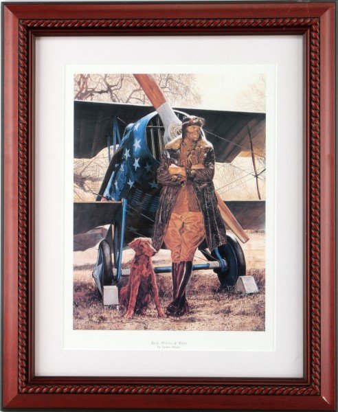 JAMES DIETZ LITHO RED WHITE AND BLUE 16 X 19 INCH: Limited edition print of James Dietz's Red, White and Blue painting. Numbered 391/1000. Depicts an early aviator and a bi-plane. The frame measures 16 by 19 inches, the image measures 10 by 13 inches.