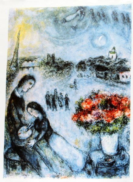 CHAGALL NEWLYEDS GICLEE ON CANVAS W COA: Marc Chagall (1887-1985) giclee after his work titled "Newlyweds". The canvas print is plate signed but numbered with marker. Includes COA. Free from damage. Measures 23 by 32 inches.