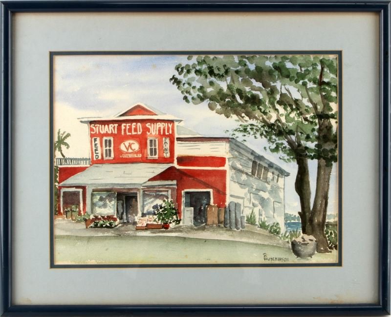 ORIGINAL WATERCOLOR PAINTING R HUTCHINSON: Signed and framed watercolor painting depicting Stuart Feed Supply, now known as the Stuart Heritage Museum. This Florida landmark is most likely painted by a local artist. The frame measures 17 by 21