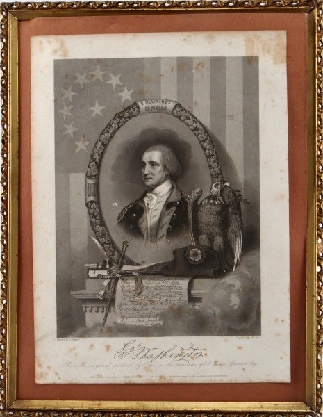 GEORGE WASHINGTON ENGRAVING BY A.CHAPPEL: 1856 Engraving by G.R. Hall, original painted by A.Chappel, Facsimile signature of Washington on bottom. Some foxing confined mostly to border, engraving excluding frame measures 8 by 11, frame withou