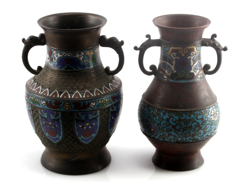 2 ANTIQUE CLOISONNE BRASS SPITOONS W IRON HANDLES: Two antique cloisonne brass spitoons with cast iron handles. The red one has insert and floral motif. The other has engraved repeating design and zoomorphic mask like faces towards bottom (Japan). Bot