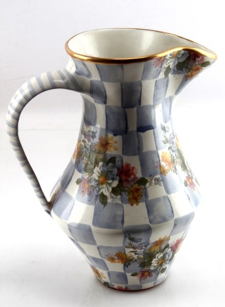 MACKENZIE CHILDS MORNING GLORY LARGE PITCHER: One Mackenzie Childs Morning Glory Large Pitcher. Item measures about 9-1/2" tall, and at its base has a diameter of about 3". Item weighs about 6.7 ounces.