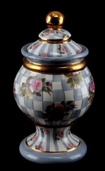 MACKENZIE CHILDS MORNING GLORY GLOBE CANISTER: Retired Mackenzie Childs Morning Glory globe canister cookie jar with lid. From the honeymoon collection. Hand painted. No chips, cracks, or crazing. Measures 15 inches tall.