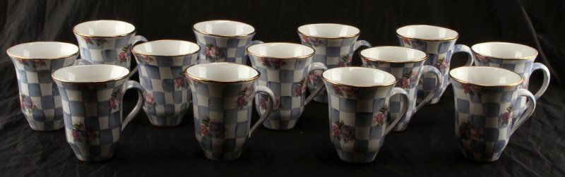 MACKENZIE CHILDS MORNING GLORY 13 MUG SET: Lot of 13 Mackenzie Childs "Morning Glory" hand painted mugs, from the Honeymoon collection. Very good condition, barely used. No chips, cracks, or crazing.