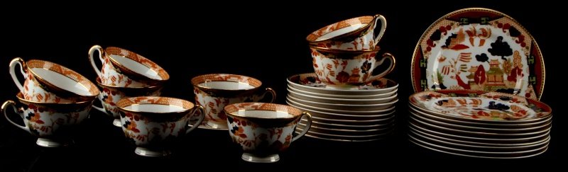 IRONSTONE WARE IMARI OCCUPIED JAPAN CHINA 32 PC: Ironstone Ware Imari Occupied Japan gold trim china tea set for 9 with extras. Group includes: 9 cups, 12 saucers, and 11 lunch/salad plates. Some crazing and feather light knife marks. Lightly used c