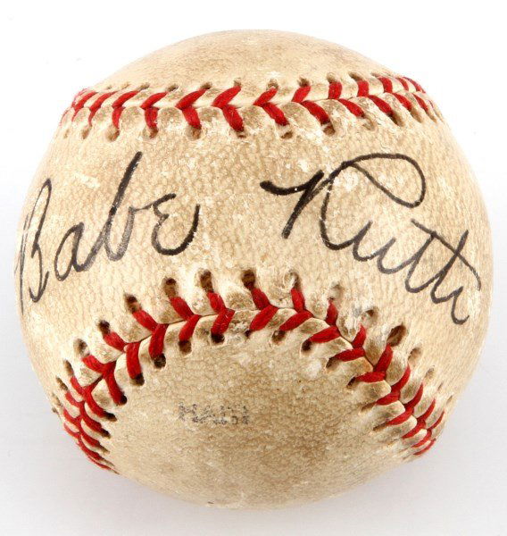 BABE RUTH SIGNED OFFICIAL CORK BALL: One Babe Ruth signed cork ball. Item has a very clear signature. Ball itself is in good condition for age. Ball is a CB1 Horsehide cover Markwort ball. Item does not have a COA, but is believed to be