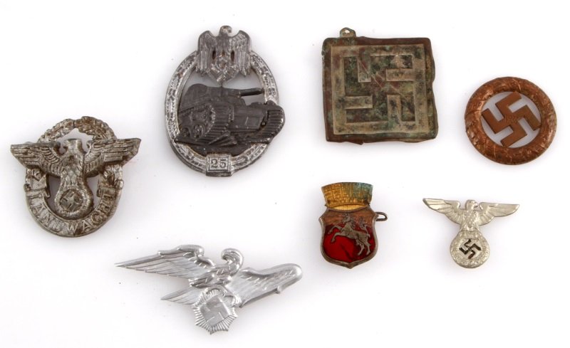 WWII GERMAN CAP BADGE AND BADGE LOT: Panzer badge is without pin as is the swastika in wreath, the plain swastika is a detector find and is probably good luck.