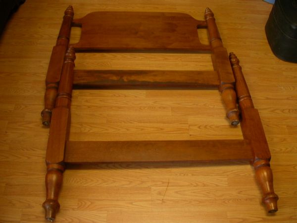 VINTAGE CONANT BALL BED FRAME MID CENTURY: Vintage Conant Ball twin bed with side rails and slats. Measures about 43 1/2" outside edge to outside edge of headboard and aobut 42" tall. I see a few minor losses in the finish and a small crack ne