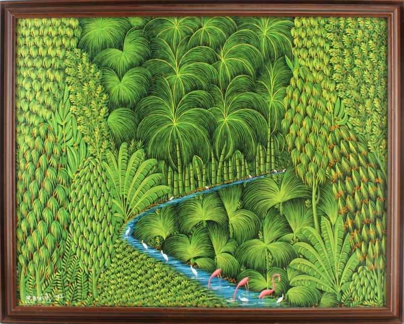 HENRI ROBERT BRESIL (HAITIAN, 1952-1999) OIL: Henri-Robert Bresil (Haitian, 1952-1999). Oil on canvas. Signed and dated to 1987 on lower left. In very good condition. Sight size: 30 by 23.75 inches. Frame size: 33.25 by 27 inches.