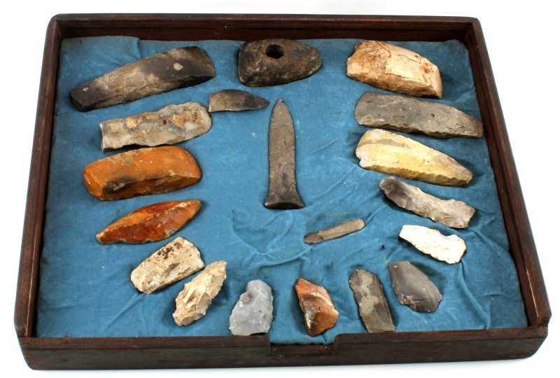 COLLECTION OF NEOLITHIC EUROPE SPEAR POINT & AXES: Includes a superb 6 inch tang snapped Danish spear point, a holed adze, 6 axe blades all well crafted, and 9 scrapers, all contained in display case. All from Central or Northern Europe, ranging in si