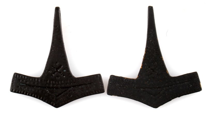 2 VIKING HAMMER OF THOR BRONZE ANCIENT PENDANTS: Metal detector finds, Germany each 45 mm, single side decorated.