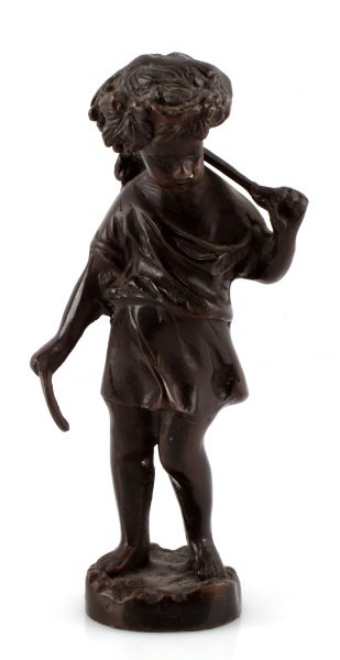 19TH C CHILD HARVESTER BRONZE FIGRUINE 8.25": Antique bronze figurine depicting a child with a sickle in one hand and a harvest of grapes over it's shoulder. There are not apparent maker's marks. However, the velvet bottom has not been remove. Me