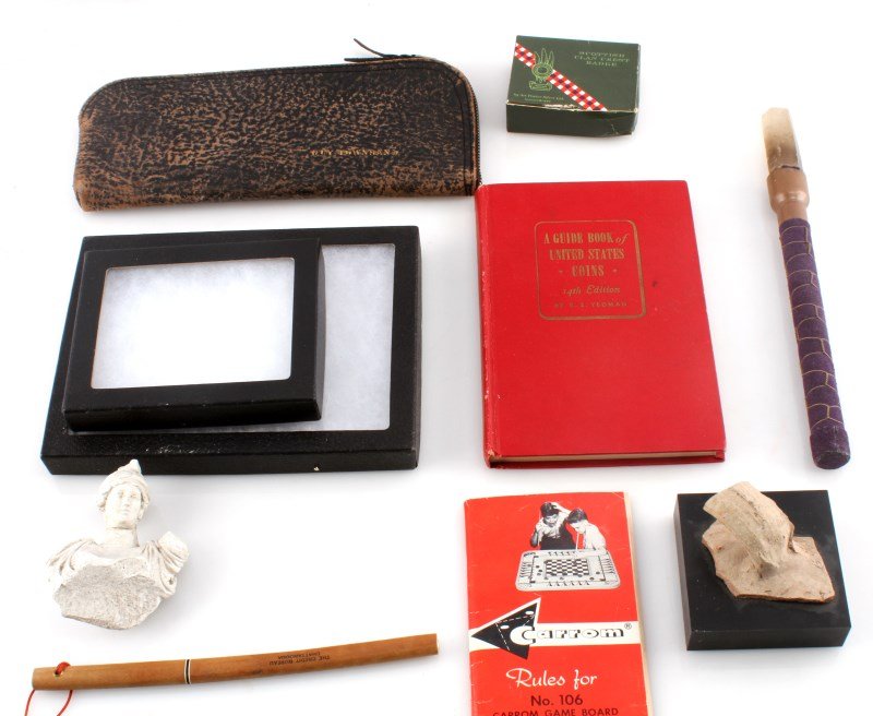 GENERAL ANTIQUE COLLECTIBLE LOT MASONIC TO COSTUME: Sweep the kitchen general collectible and antique lot includes, Miniature Ladies razor, Sarah Co. Costume brooch, Catholic religious medals, Dill's best old cigarette box, 1980's Zippo lighter near ne