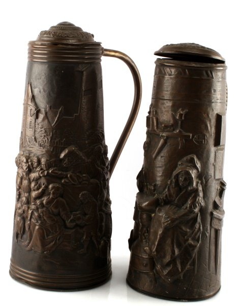 2 ANTIQUE LG. BOHEMIAN OR BAVARIAN COPPER STEINS: Each standing 21 inches, Repousse imagery throughout, good overall condition on each.