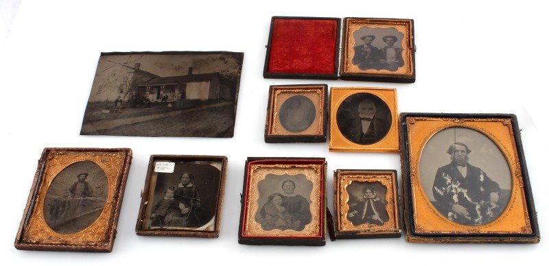 9 MIX OF AMBROTYPE DAGUERROTYPE & TINTYPE PHOTOS: General shots of individuals and families.