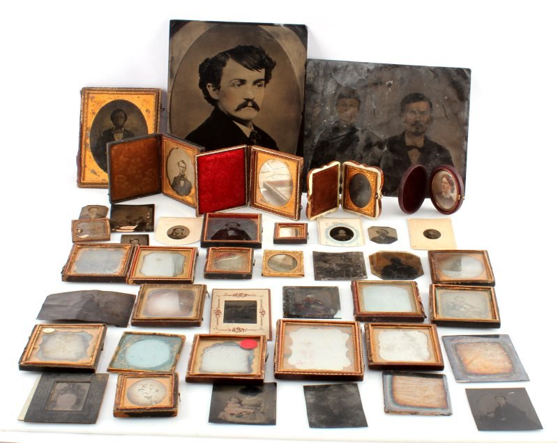 42 TINTYPE AMBROTYPE DAGUERROTYPE PHOTOGRAPH LOT: Mostly individuals and groups, some in complete Union cases. ranging from About Good to Very Good.