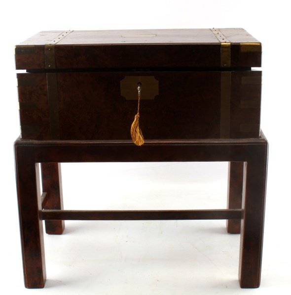 ANTIQUE CIVIL WAR ERA WRITING SLOPE WITH STAND: Burrell wood outer finish, leather and gold writing surface, with ink bottle and key, working lock, upper left corner outside is a surface crack about 5 inches, but hardly detracts, some wood loss to 