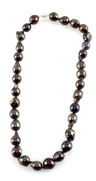 SOUTH SEA BAROQUE BLACK PEARL NECKLACE 20" CERT: Natural South Sea Baroque Black Pearl 20 inch necklace, 421 cts. Origin: Maluku Islands, Indonesia (Moluccan). Unheated, 100% natural. Pearls measure between 10 and 14mm. Strung on black string with s