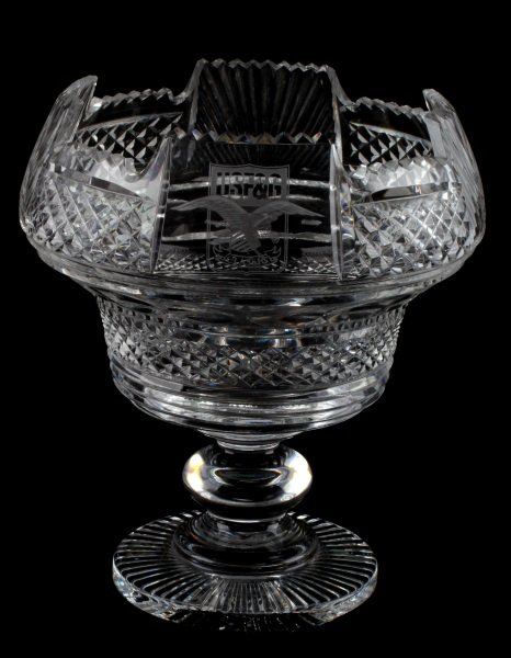 USF&G CLASSIC CUT CRYSTAL TROPHY BOWL VASE: Superb cut crystal bowl/vase, with USF&G over eagle and classic, flawless stands, 10 inches.