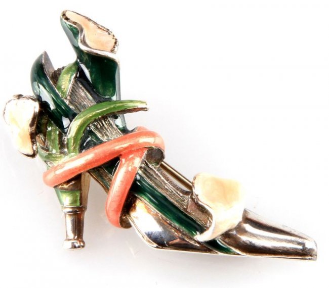 LADIES STERLING "HIGH-HEEL" BROOCH WITH ENAMELING: In very good condition, 38mm wide sterling silver high heel brooch with multi color enamel work. Nice piece.