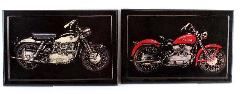 PAIR OF HARLEY DAVIDSON WOODEN WALL PLAQUES: Each measures 12, inches by 19 inches. In very good condition.