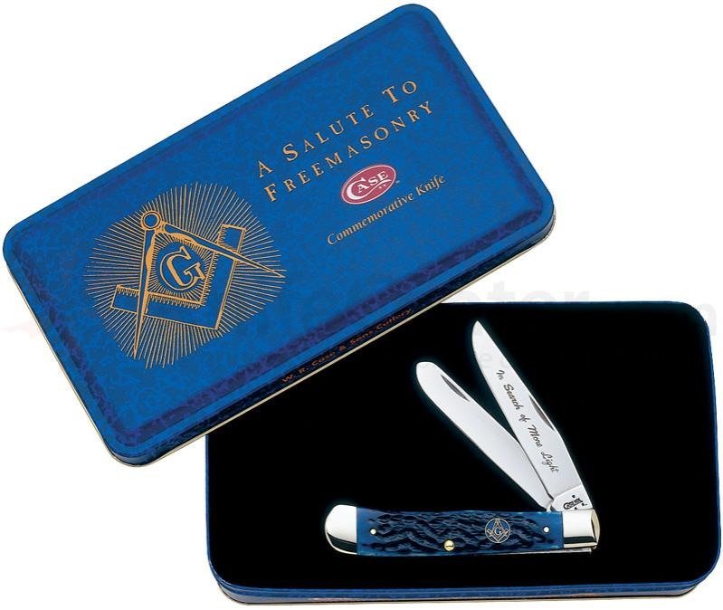 CASE XX CUTLERY MASONIC BLUE BONE TRAPPER KNIFE: One Case XX Cutlery Masonic Blue Bone trapper. Item features a blue bone handle, and two Tru-Sharp surgical steel blades. Item measures 4-1/8" closed, and item is new in box. Stock photo