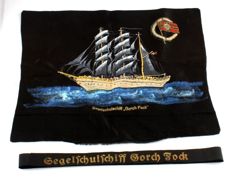 WWII GERMAN KRIEGSMARINE GORCH FORK PAINTED SILK: Training vessel for Kriegsmarine Sailor , hat tally and hand painted silk of the Three mast vessel. The silk measures 20 by 14 inches. The vessel survives today after being captured by the Russians an
