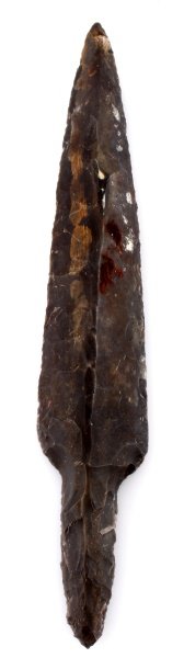 BELIZE MAYAN 9.5 INCH LITHIC MACRO BLADE FLINT: A 9.5 inch unifacial stemmed macro blade with bifacial tang. Found during river excavation in Belize in the 1950s. In very good condition and free of damage or detractions.