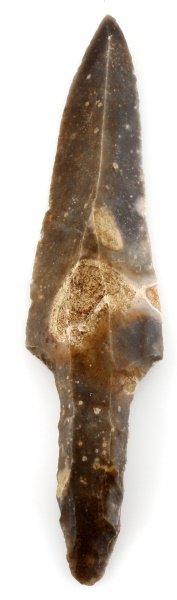 BELIZE MAYAN 8 INCH LITHIC MACRO BLADE FLINT: An 8 inch unifacial stemmed macro blade with bifacial tang. Found during river excavation in Belize in the 1950s. In very good condition and free of damage or detractions.