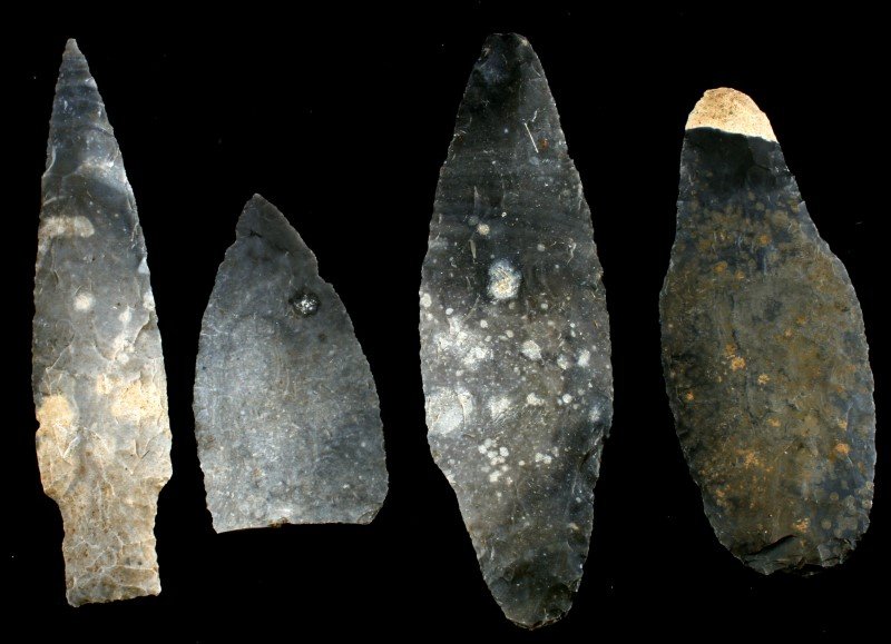MAYAN BELIZE ARROWHEAD POINTS KNIFE BLADES LOT 4: 4 Arrowhead points from the New River region, Belize. Three points with tangs, one blade has lower part missing. Exceptional flaking to flat round blade, chips to top, and lighter stone to tang bottom