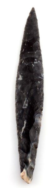 MAYAN BELIZE DEEP BLUE ARROWHEAD POINT BLADE KNIFE: From the New River region, Belize. Recovered from a Louisiana estate prior to 1950. Bifacial tapered point with broad flaking and some edge work. Worn to touch and sight. Fine point.