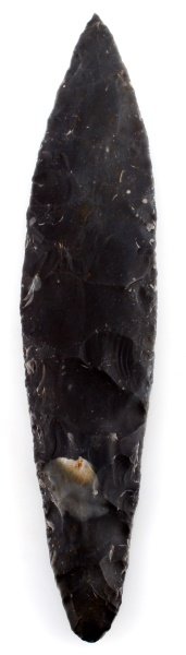 DEEP BLUE MACRO BLADE KNIFE POINT MAYAN BELIZE: Macro blade from the New River region, Belize. Recovered from Louisiana estate prior to 1950. Deep blue flint with few lighter inclusions, broad wave-like pattern flaking on both sides, measures 8.5 i