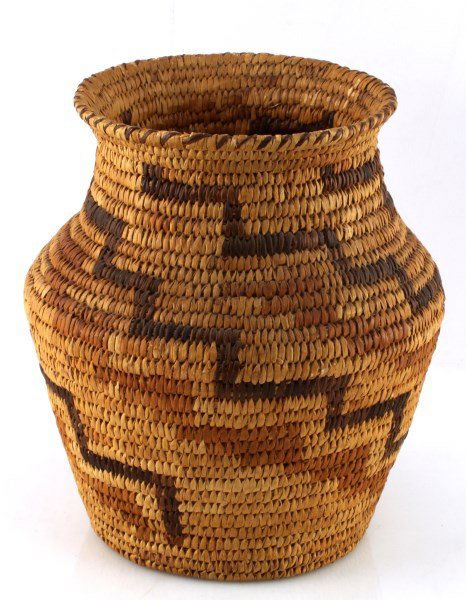 ANTIQUE INDIAN NATIVE AMERICAN BASKET: Early 20th century, triple coil, in the style of Pima if not Pima, flexible, incredible craftsmanship. Measures 10" tall by 8.5" at the widest point.