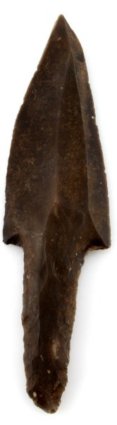 BELIZE MAYA UNIFACE FLINT BLADE KNIFE 9.5 INCHES: A large uniface blade found in the New River in Belize; a site just east of the Lamanai ruins. The tang and the base of the blade have been worked on both sides. This artifact was found prior to 1950