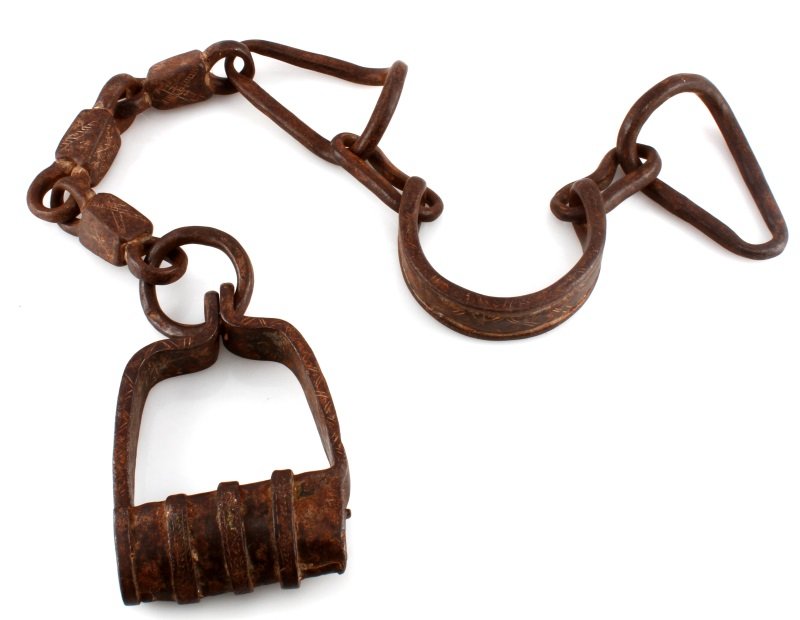 CIVIL WAR SLAVE LEG SHACKLES FETTERS: Unusual set with etchings on the links, lock is closed and no key, measures about 20 inches.