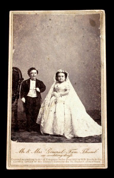M. BRADY GENERAL TOM THUMB SIGNED CDV WITH WIFE: Matthew Brady studio autographed CDV photograph.