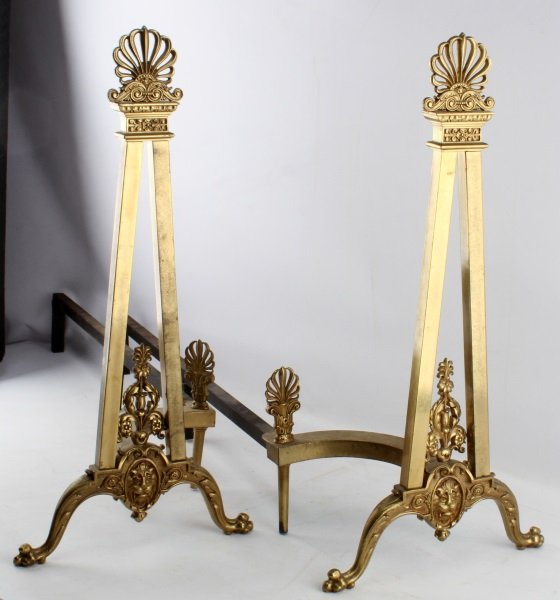 OLD MAN WINTER FACE BRASS FIREPLACE ANDIRON PAIR: Each measures 39 by 25 inches and is very good.
