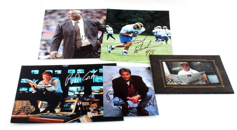 GROUP OF 5 SPORTS & HOLLYWOOD AUTOGRAPHED PHOTOS: Lot of 5 sports and Hollywood autographed photos, lot includes; Signed photo of Don Johnson of Miami Vice, signed photo of Tom Arnold of True Lies, Tracy Wilson '98 free agent, and signed photo of Bob