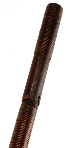 ANTIQUE TRIBAL AFRICAN SPEAR UNUSUAL DESIGN: Has unusual blade cover, well crafted, great blade, measures 57 inches overall.
