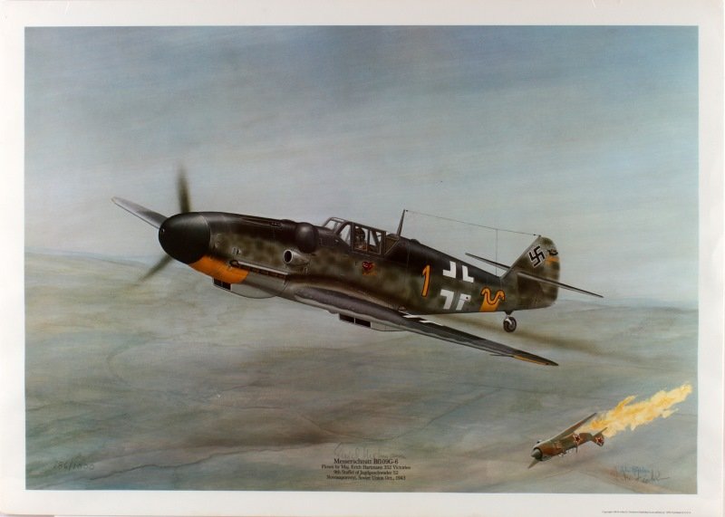JOHN FICKLEN MESSERSCHMITT BF109G6 L/E PRINT: Flown by Maj. Erich Hartmann 352 victories. Depicts him shooting down a soviet plane in Novosaporovyi 1943. It is signed John Ficklen # 786/1000. Print measures 26" wide by 18" tall with a 1" border f