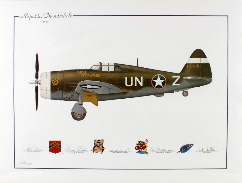 JOHN FICKLEN REPUBLIC THUNDERBOLT P 47 L/E PRINT: Signed John Ficklen 482/500. Tail is marked 16330 Signed by pilots from 4 different squadrons. Measures 24" wide by 18" tall with a 1 1/4" border for a frame.