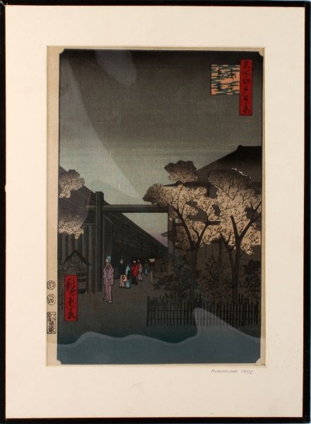 ANDO HIROSHIGE (1797-1858) UKIYO-E WOODBLOCK JAPAN: A Japanese ukiyo-e woodblock print by Ando Hiroshige (Japanese, 1757-1858). Sight size : 9.5 by 13.5. In very good condition. Matted and set behind protective plastic.