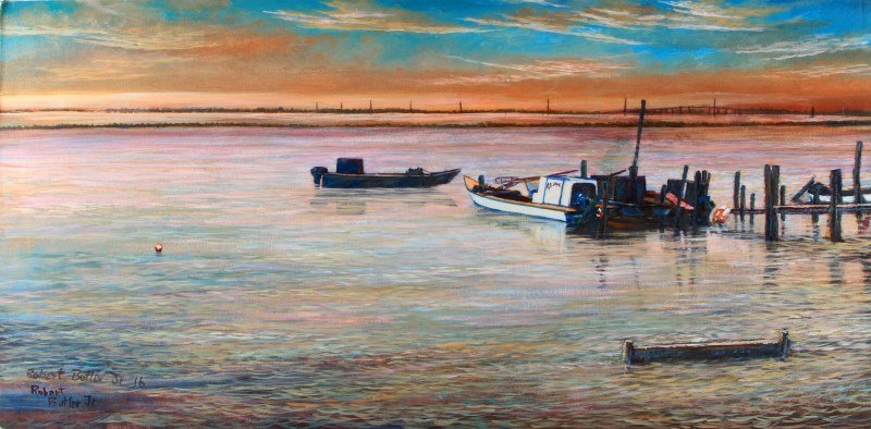 ROBERT BUTLER JR GICLEE APALACHICOLA FL VIEW: Giclee based off of an original painting by Highwaymen legacy painter, Robert Butler Jr. This work is a view from Apalachicola, FL. Pastel colors, with a long horizontal format. The giclee is hand sig