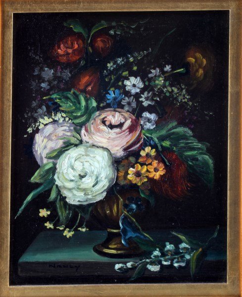 OIL ON CANVAS OLD MASTER STYLE STILL LIFE SIGNED: Original oil on canvas board painting depicting and still life painting in the manner of Old Masters. The work is signed "Nancy" on the lower left corner. Earth tones and vertical orientation. The fra