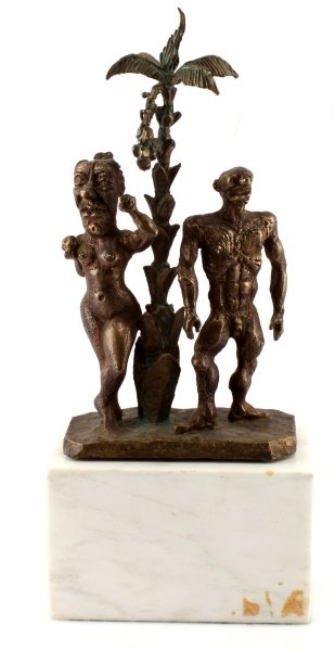 SIGNED & DATED BRONZE SCULPTURE OF ADAM & EVE: A bronze sculpture of Adam and Eve signed "LA" and dated "84". Stands 13.25 inches tall and 7 inches wide. Base has two screws for mounting onto marble base. Sculpture is detached from base but sits t