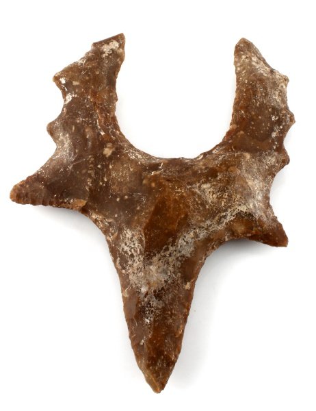 MASSIVE 12.5 INCH MAYAN BELIZE ECCENTRIC LITHIC: A very large eccentric lithic recovered from the New River area in Belize in the 1950s. Measures 12.5 inches long, 9 inches wide and 1.5 inches thick. In very good condition.