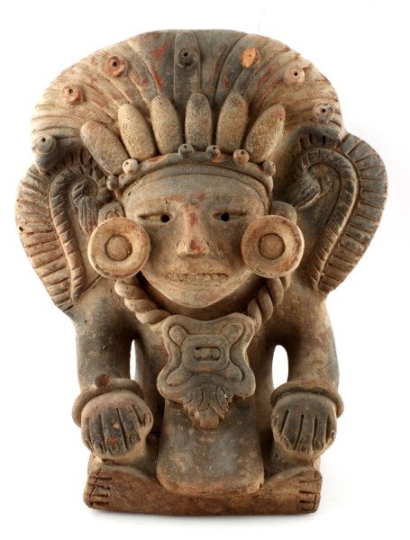 PRE COLUMBIAN MAYAN MAIZE GOD CLAY EFFIGY: Believed from Guatemala from a century old Tennessee estate, has repaired base and some other minor damage, stands 13 inches.
