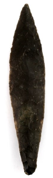 8 INCH BIFACIAL MAYAN BELIZE KNIFE SPEAR POINT: Well crafted, damage free, obvious submerged patina. From a longtime Louisiana collection, recovered in the New river, Belize, Lamanai region. Guaranteed as described.
